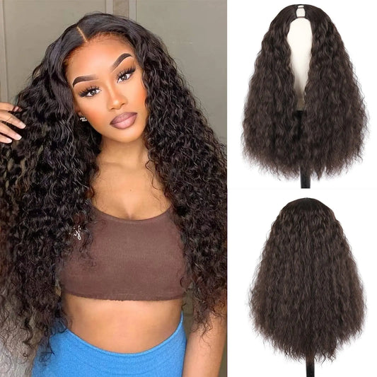 SCENTW Deep Wave V Part Wig Synthetic curly Wigs for Black Women 24inch Upgrade U Part Wigs Glueless Full Head Clip in Half Wigs for Black Women V Shape Wigs No Leave Out Thin Part Wig