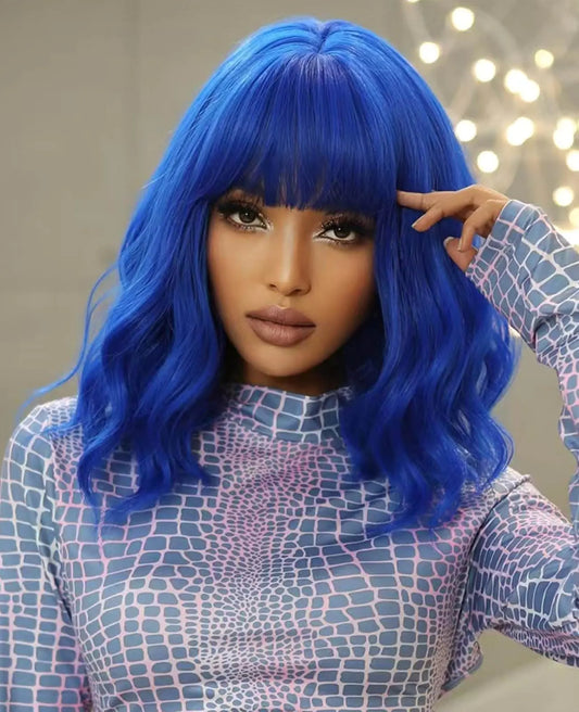 MeaYOO Blue Wig with Bangs14 Inch Natural Wavy Blue Wigs for WomenLoose Curly Blue Bob WigShoulder Length Synthetic Heat Resistant Fiber WigColored Wigs for Daily Party UseHalloween Costume Wigs