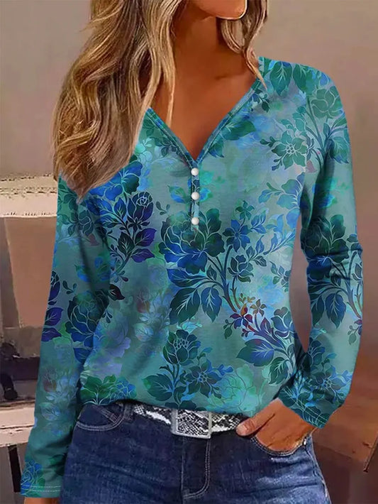 Women's digital printed V-neck long sleeved T-shirt for spring and autumn