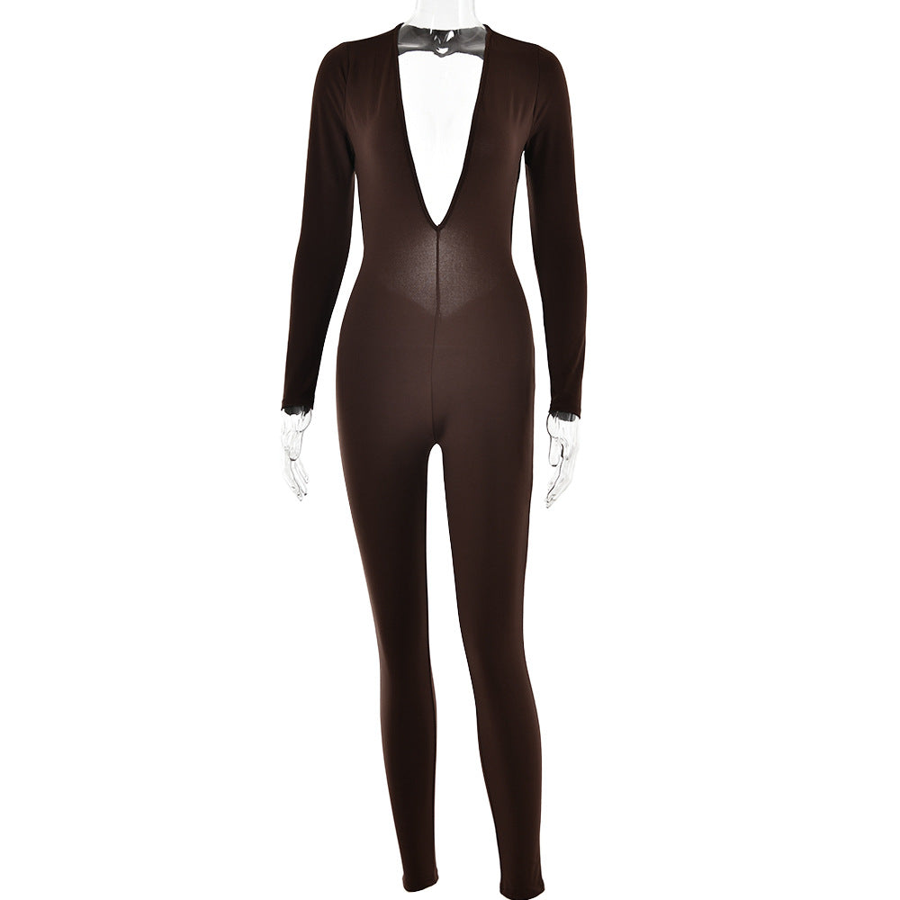 Deep V-neck long sleeved leggings for women's fashion backless tight jumpsuit