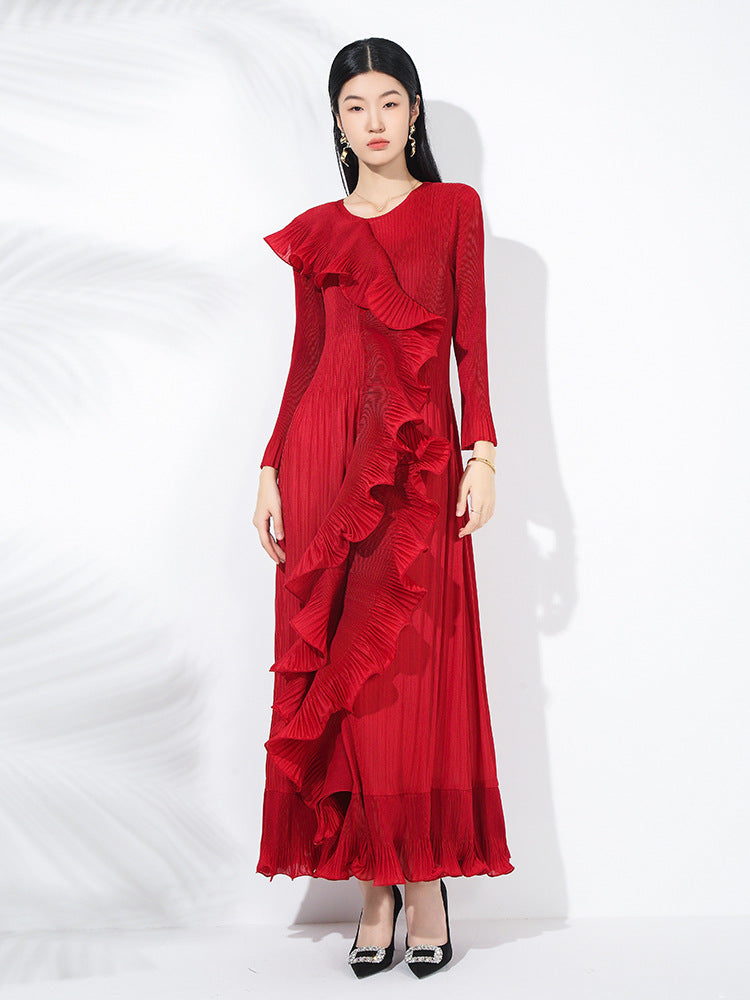 Fashionable round neck pullover flared sleeves dense edge long skirt