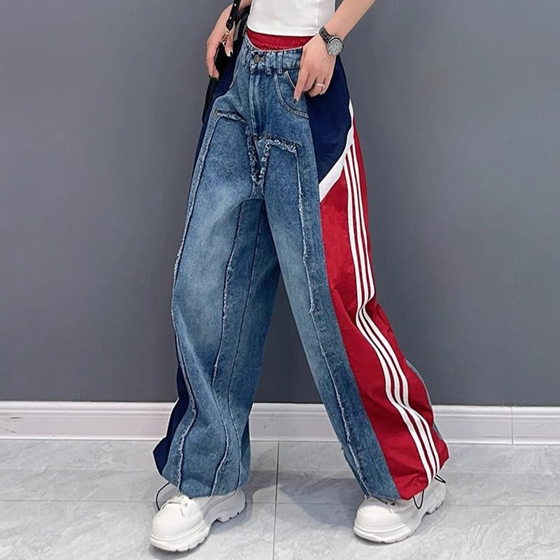 European street color blocked patchwork jeans for women's summer new style, loose and slimming, fashionable and stylish straight