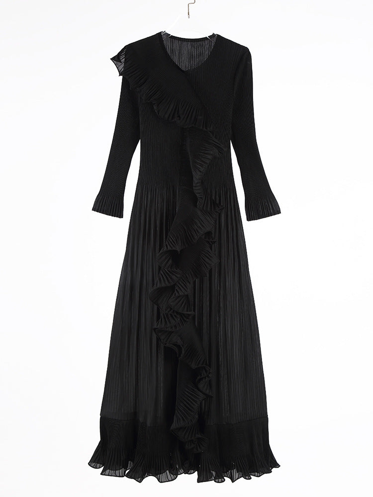 Fashionable round neck pullover flared sleeves dense edge long skirt