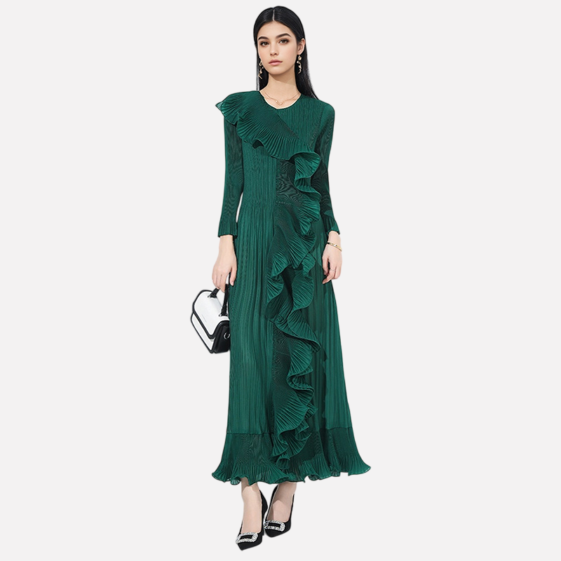 Fashionable round neck pullover flared sleeves dense edge long skirt