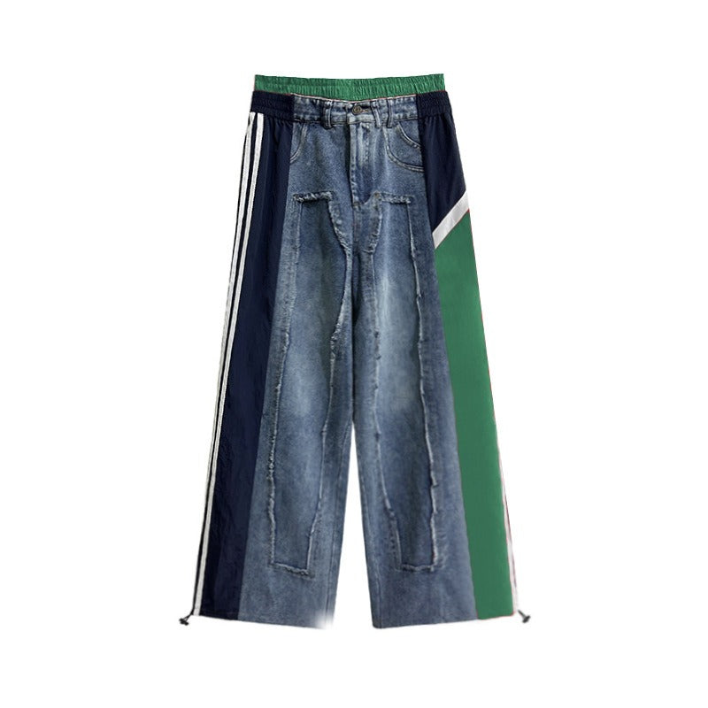 European street color blocked patchwork jeans for women's summer new style, loose and slimming, fashionable and stylish straight