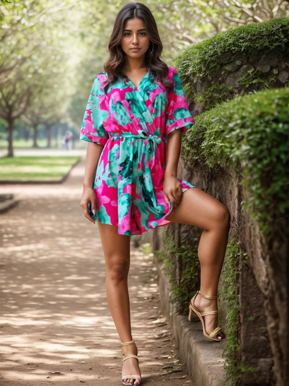 Spring and summer new women's fashionable printed lace up casual jumpsuit