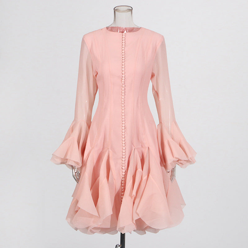 Round neck splicing ruffled mid-length skirt trumpet sleeve mid-length dress for women