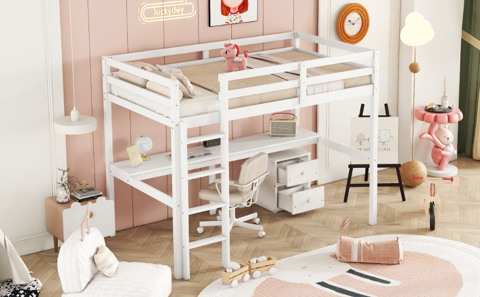 Twin Loft Wood Bed with Under-bed, Built-in Desk, a Storage Cabinet of 2 Drawers, Guardrails, Ladder,White
