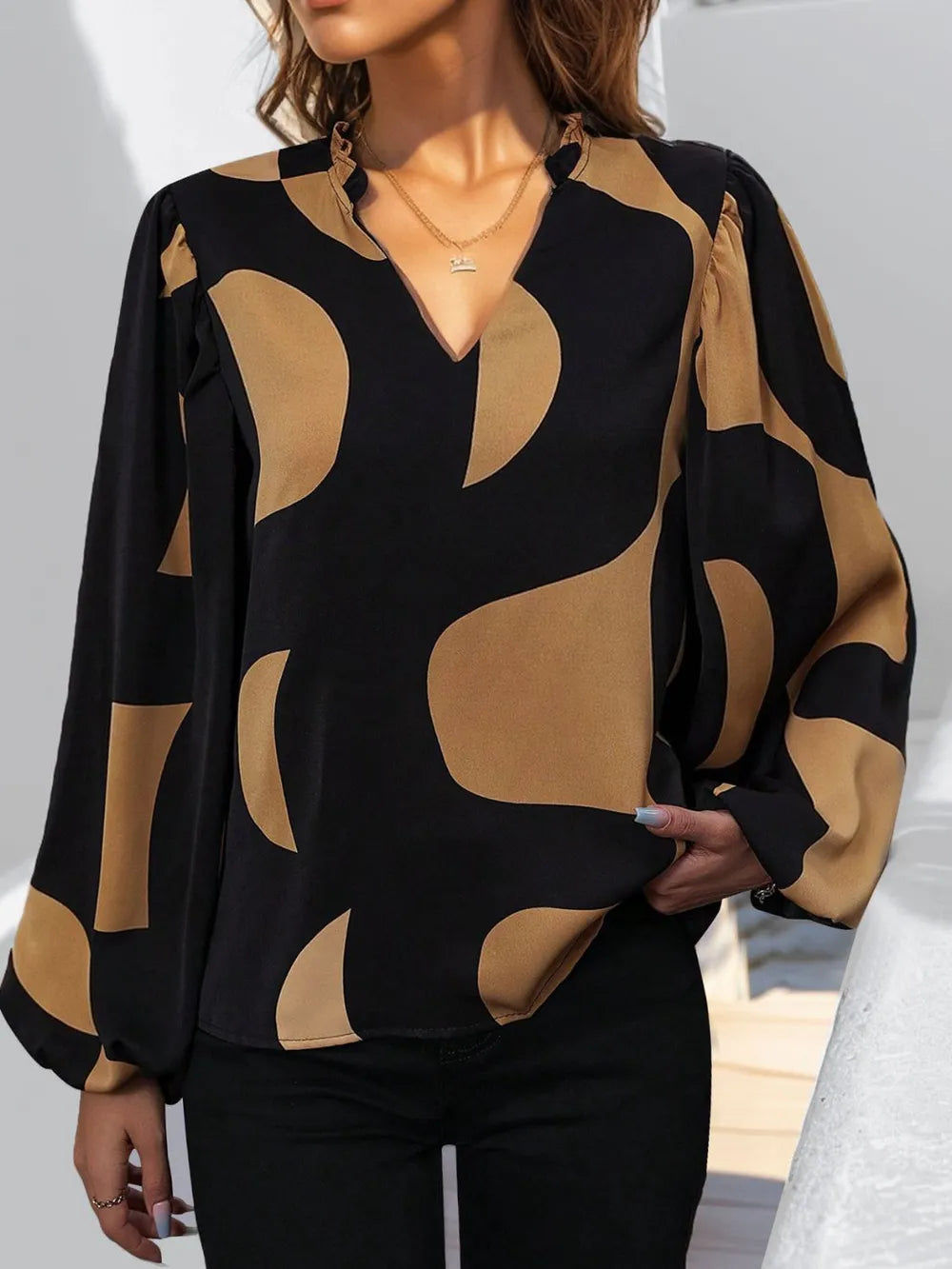 Commuting leisure bubble sleeves stand up collar abstract print lining