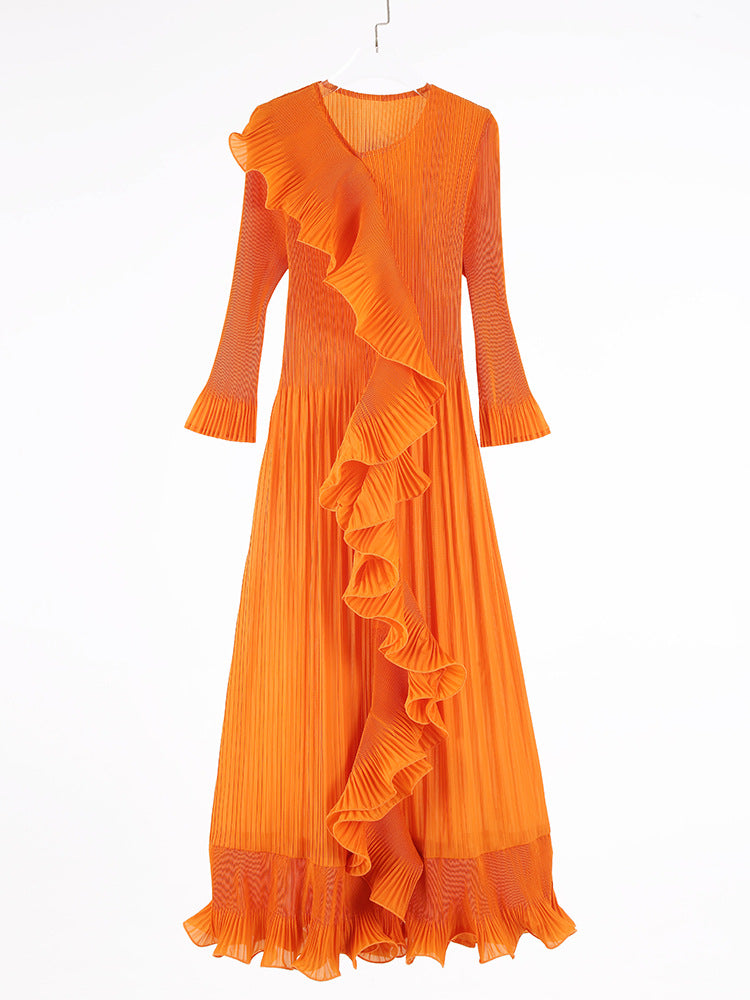 Fashionable round neck pullover flared sleeves dense edge long skirt