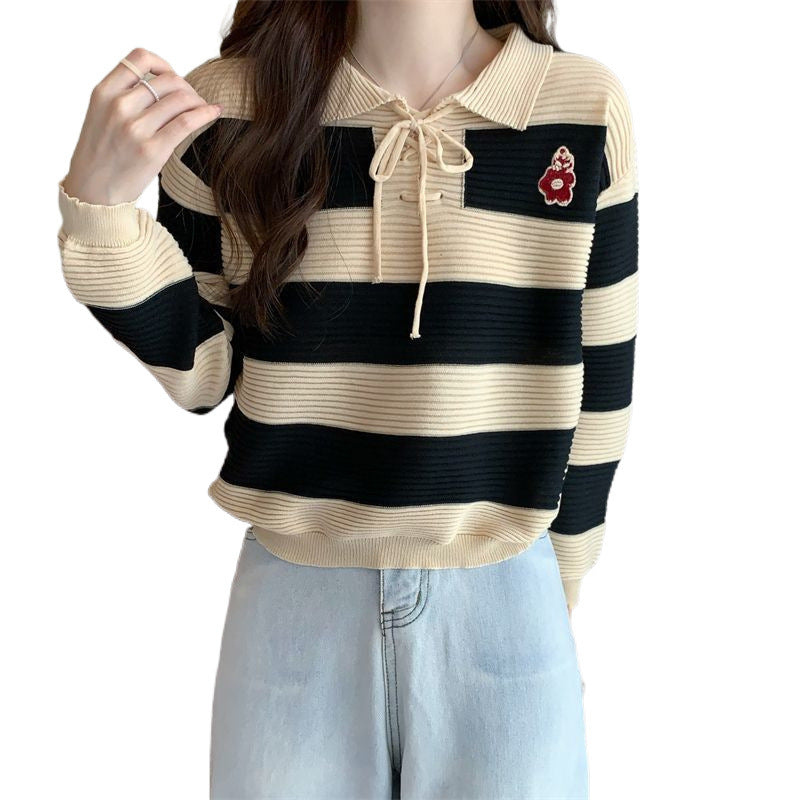 Artistic top with retro striped knit design lazy style sweater