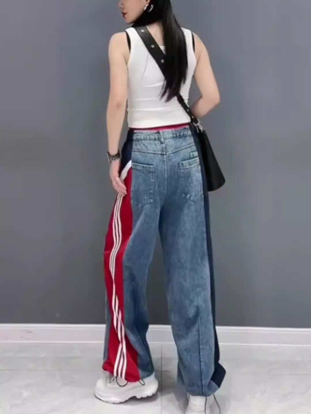European street color blocked patchwork jeans for women's summer new style, loose and slimming, fashionable and stylish straight