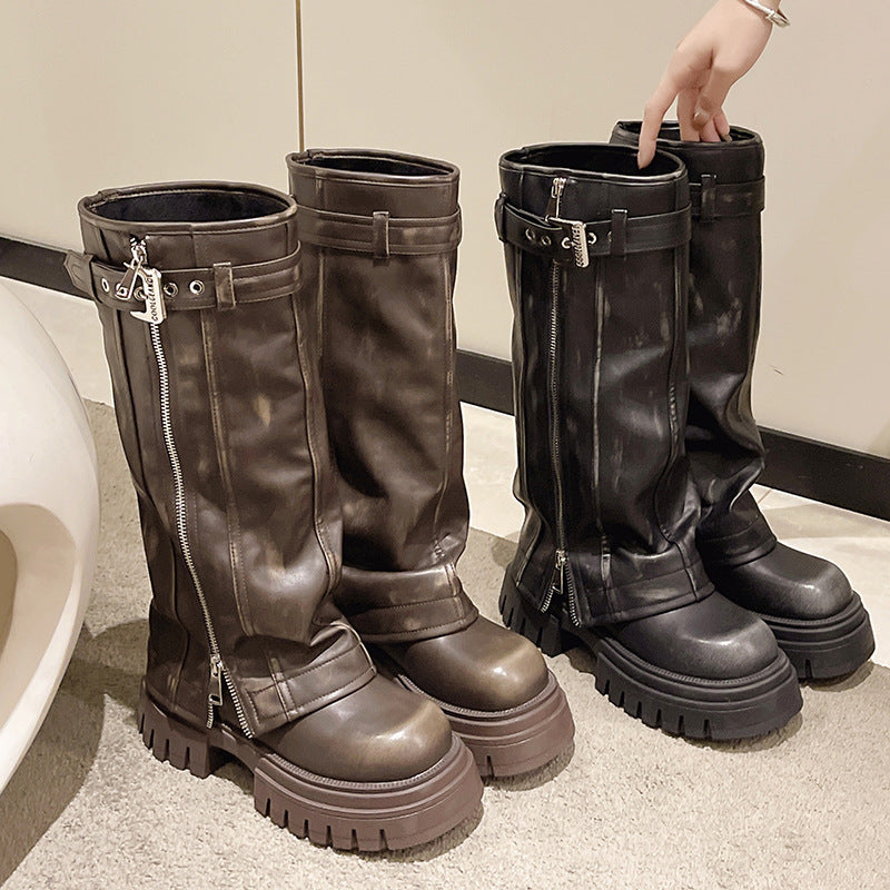 Luxury PU leather fashion Belt Buckle boots sexy ladies Zip Warm Casual Shoes Knee-High Square toe platform chunky boots women