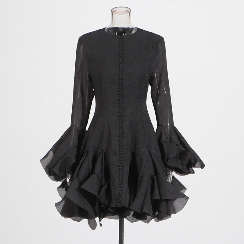 Round neck splicing ruffled mid-length skirt trumpet sleeve mid-length dress for women