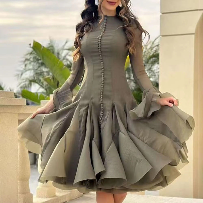 Round neck splicing ruffled mid-length skirt trumpet sleeve mid-length dress for women