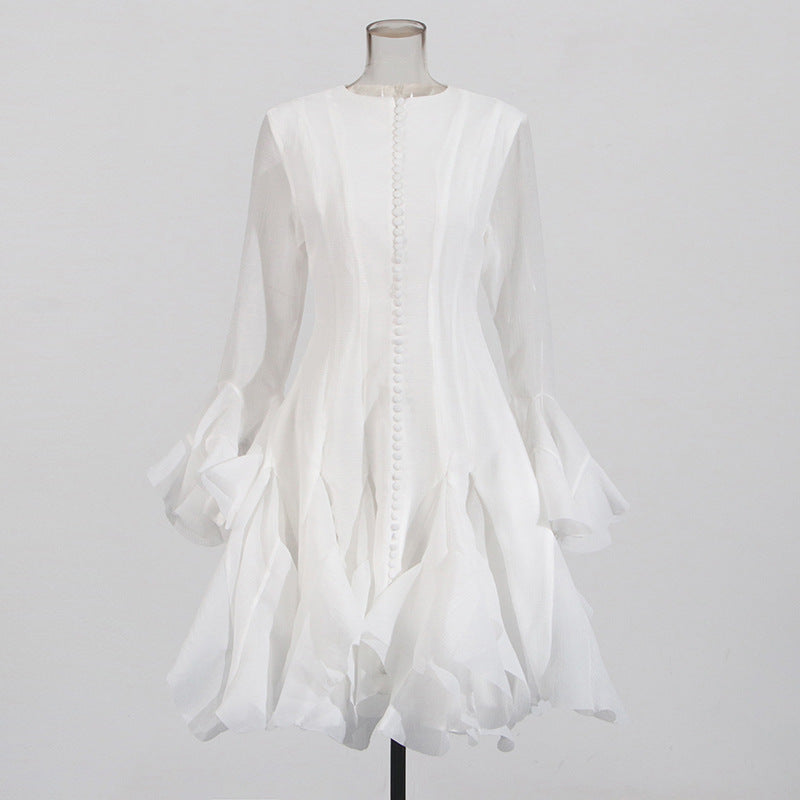 Round neck splicing ruffled mid-length skirt trumpet sleeve mid-length dress for women