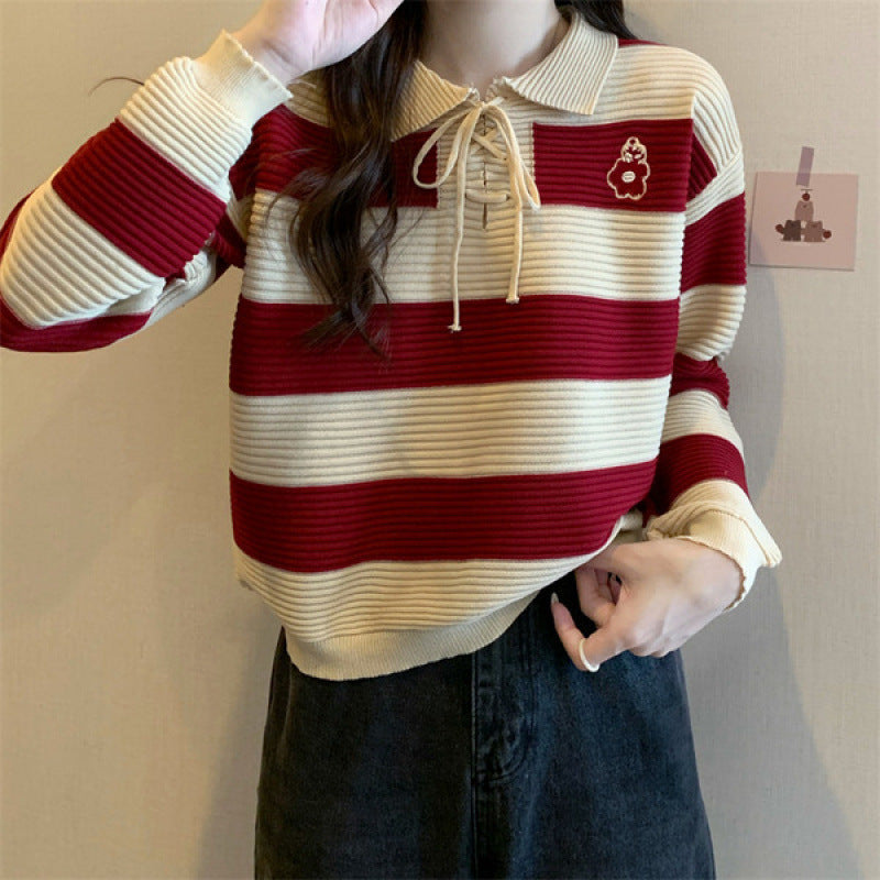 Artistic top with retro striped knit design lazy style sweater