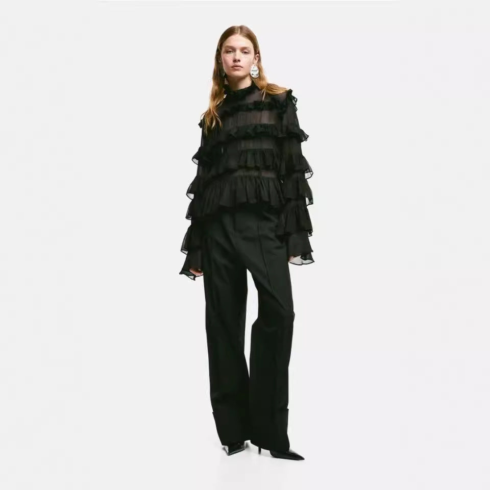 European and American fashion stand up collar lotus leaf sleeve long sleeved top