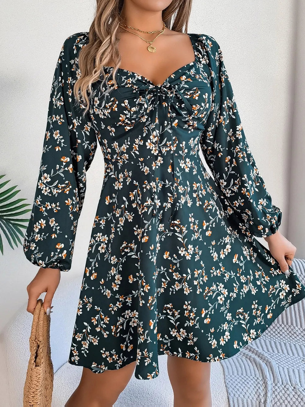 Printed Sweetheart Neck Balloon Sleeve Mini Dress