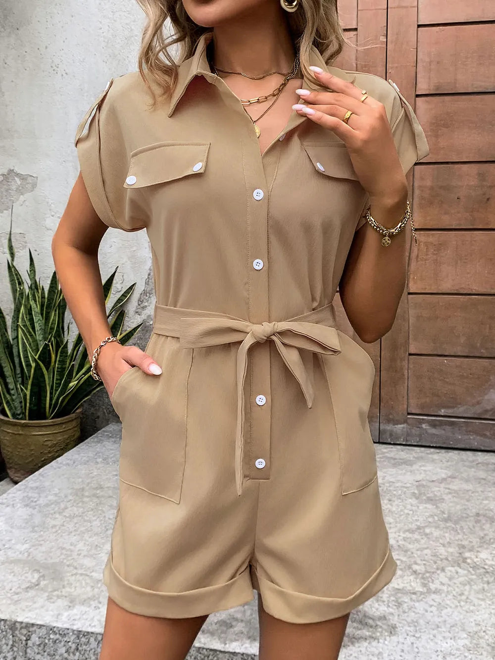 Simple casual workwear style button up tie shirt collar solid color jumpsuit