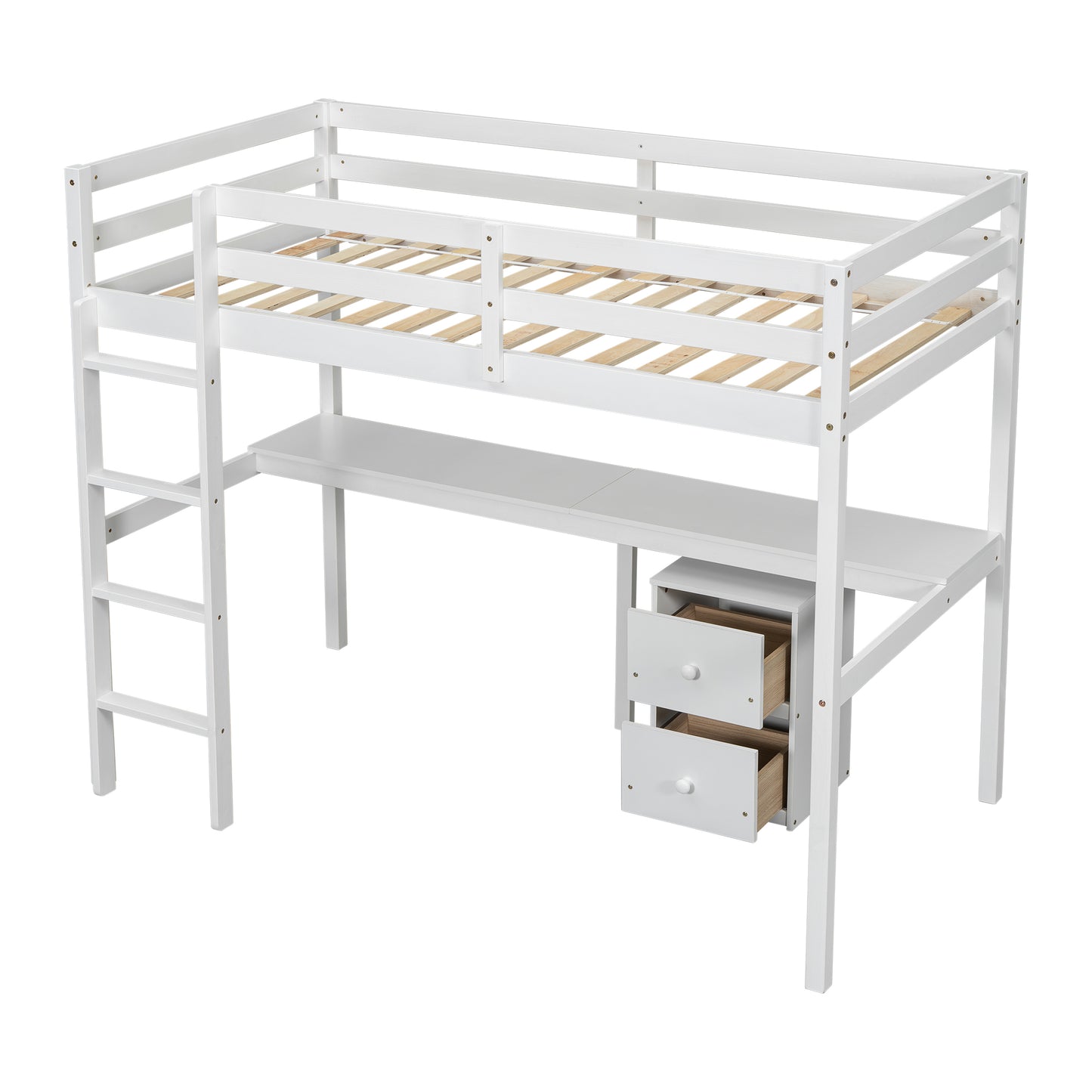 Twin Loft Wood Bed with Under-bed, Built-in Desk, a Storage Cabinet of 2 Drawers, Guardrails, Ladder,White