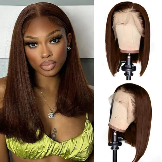 LICHANG 200% Density Chocolate Brown Bob Wigs Human Hair Front Wigs Human Hair 13x4 Straight Short Bob Wigs For Women Side Part Bob Wig Transparent Lace Wigs Baby Hair Natural Hairline 16 inch