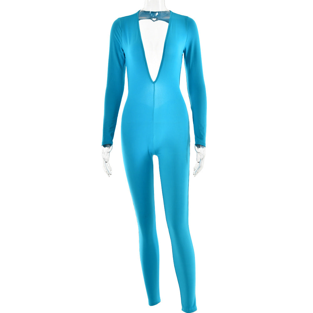 Deep V-neck long sleeved leggings for women's fashion backless tight jumpsuit