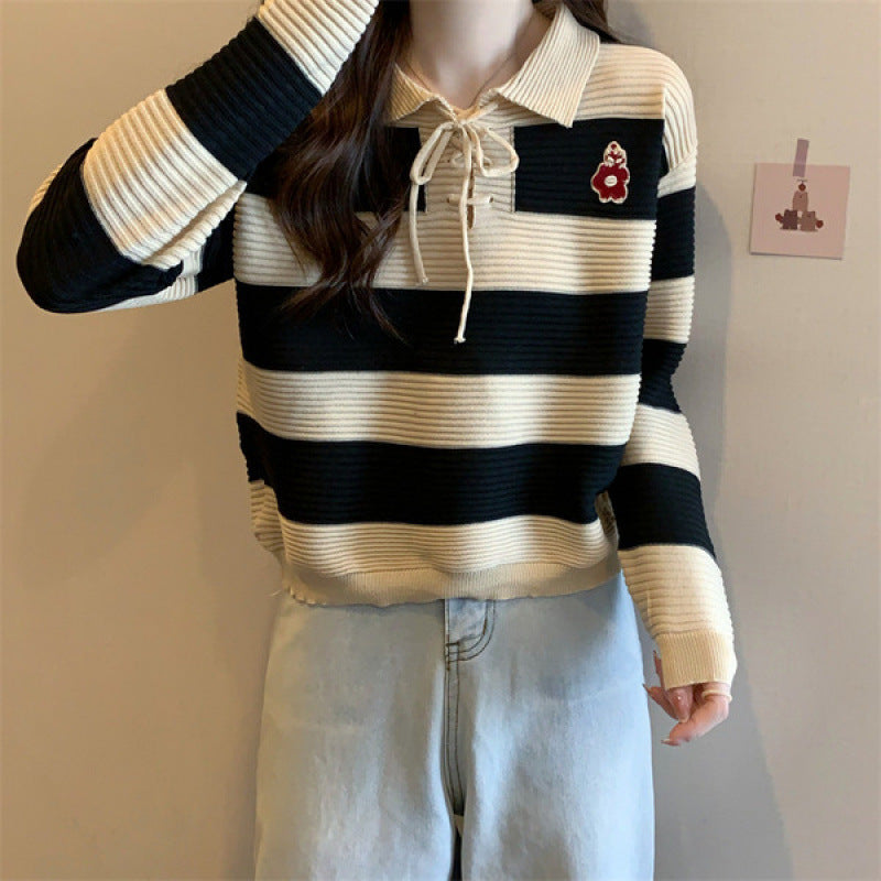 Artistic top with retro striped knit design lazy style sweater