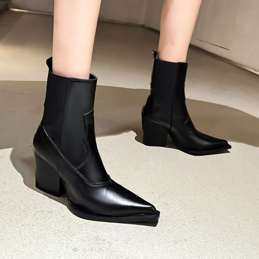 Pointed splicing sleeve, thick high-heeled fashion boots, women's boots