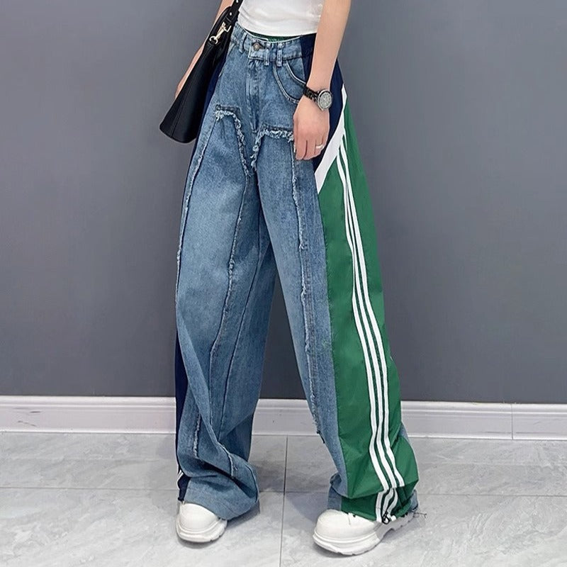 European street color blocked patchwork jeans for women's summer new style, loose and slimming, fashionable and stylish straight
