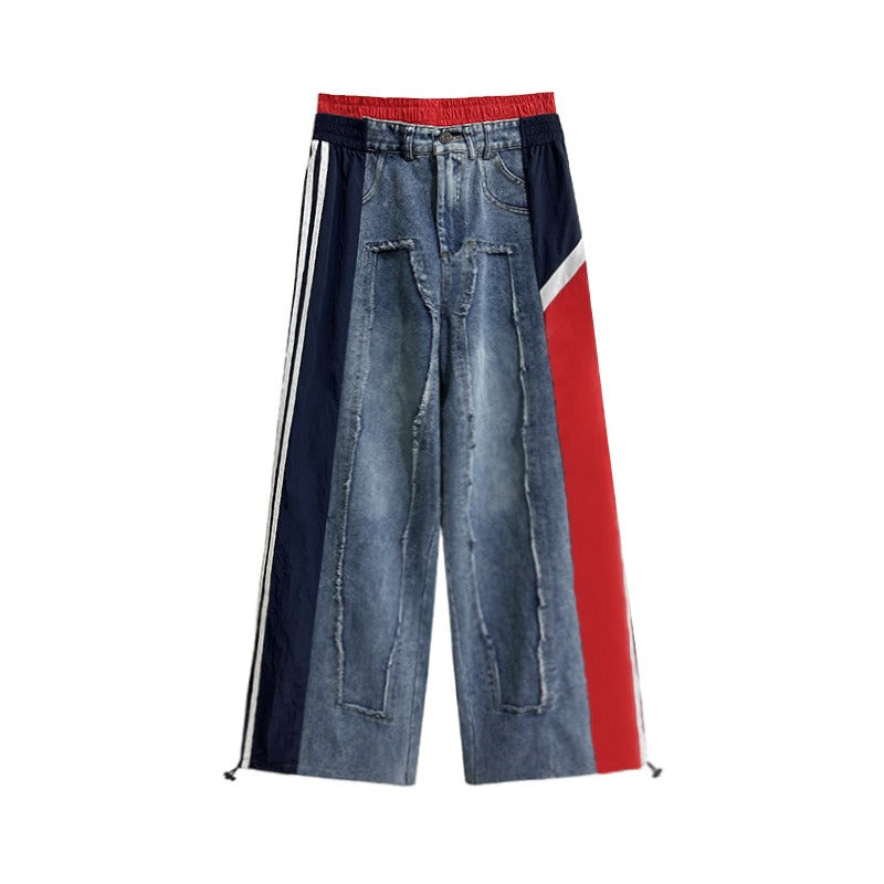 European street color blocked patchwork jeans for women's summer new style, loose and slimming, fashionable and stylish straight