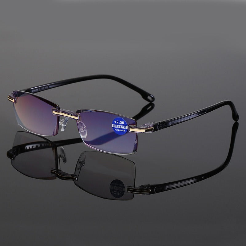 New frameless diamond trimmed reading glasses with anti blue light and blue film integrated men's reading glasses metal