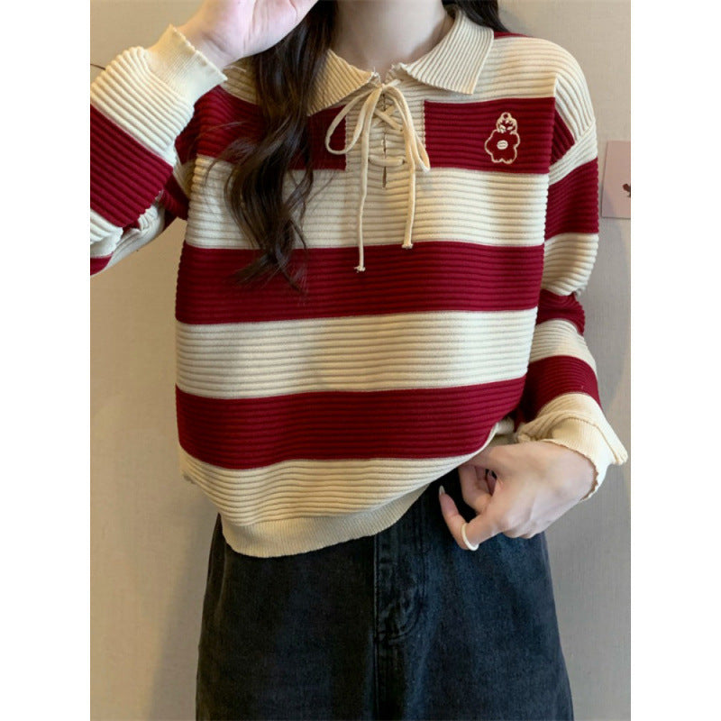 Artistic top with retro striped knit design lazy style sweater
