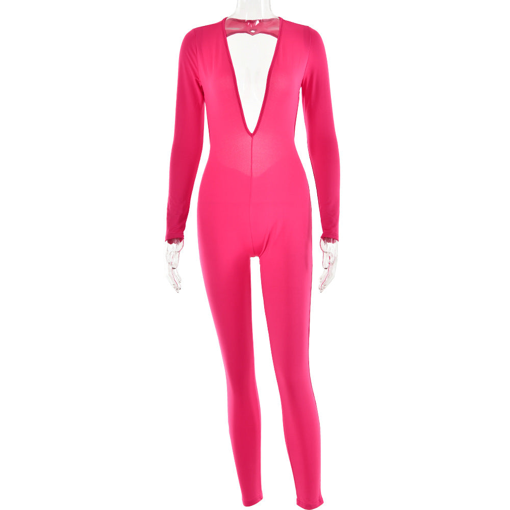 Deep V-neck long sleeved leggings for women's fashion backless tight jumpsuit