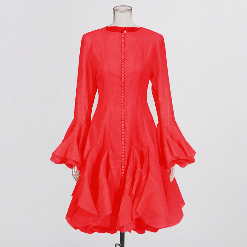 Round neck splicing ruffled mid-length skirt trumpet sleeve mid-length dress for women
