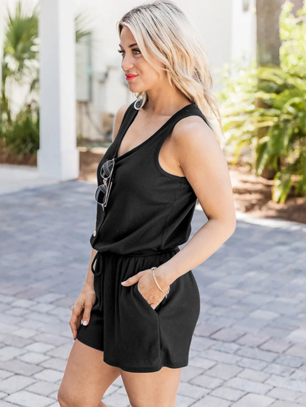 Neck Wide Strap Romper with Pockets