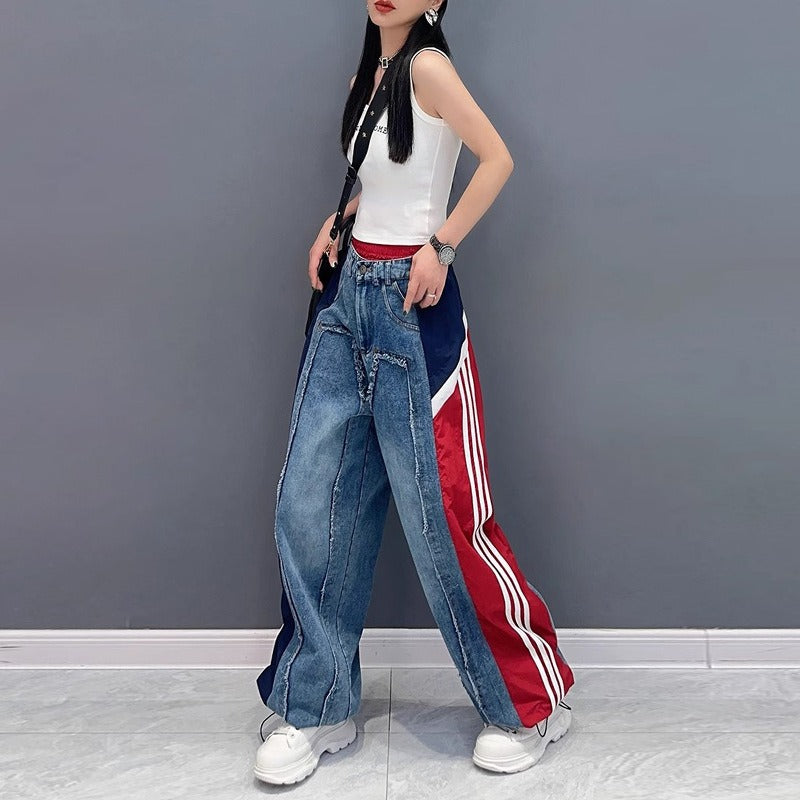 European street color blocked patchwork jeans for women's summer new style, loose and slimming, fashionable and stylish straight