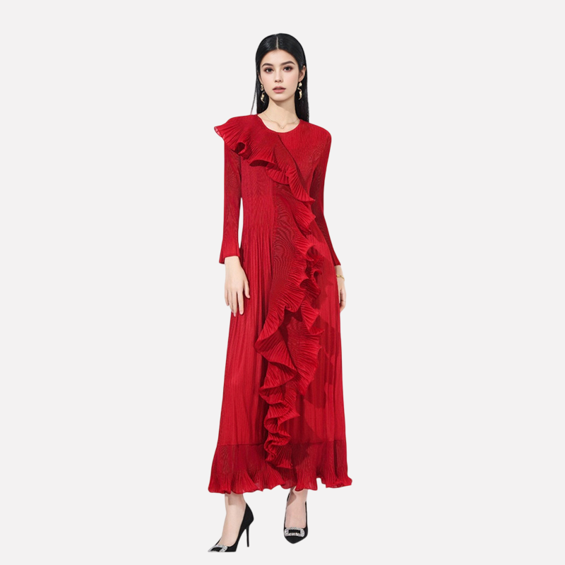 Fashionable round neck pullover flared sleeves dense edge long skirt