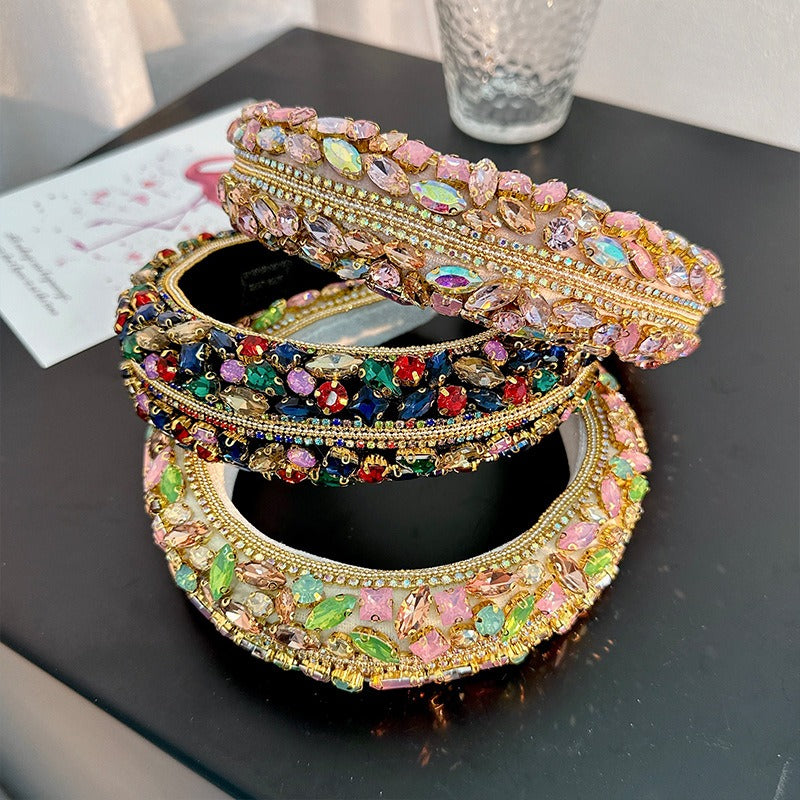 Baroque retro exaggerated colored glass diamond hair hoop women's flannel wide edge hair accessories