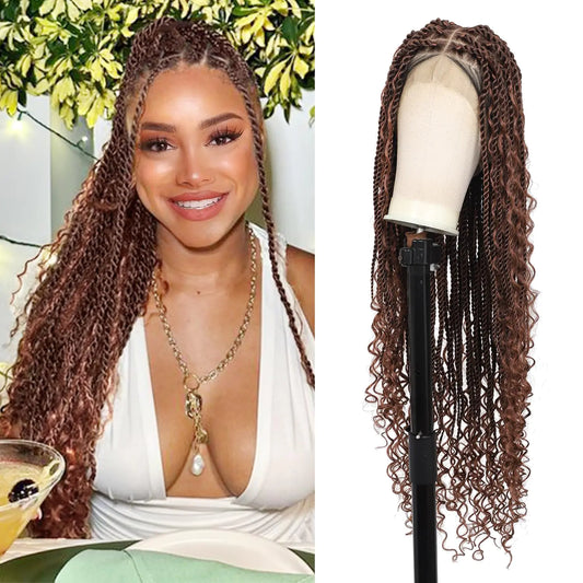 Olymei 360° HD Full Lace Boho Twist Braided Wigs for Women Knotless Braided Wigs with Baby Hair Human Hair Blended Braided Lace Front Wigs 36" Brown