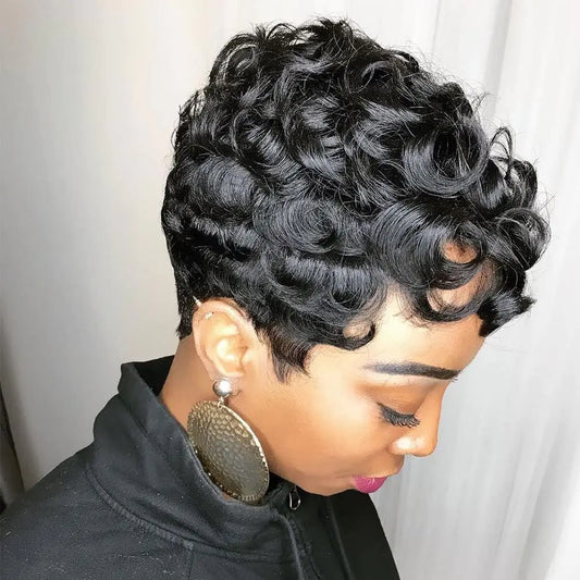 Flandi Pixie Cut Wigs Human Hair Wigs Short Curly Pixie Cut Wigs For Black Women None Lace Front Wig Human Hair Wigs Brazilian Virgin Human Hair Full Machine Made Black Color