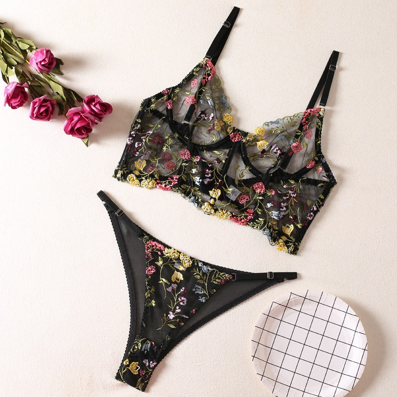 New Black Floral Embroidery with Fishbone Steel Ring Vest Sling Bra Pants Funny Underwear Set