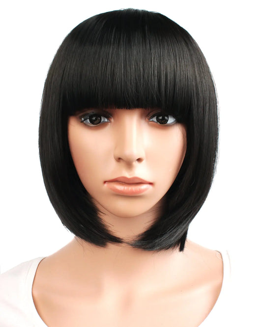MapofBeauty 12" / 30cm Popular Natural Short Straight Wigs Flat Bangs Wigs-Black-Ladies