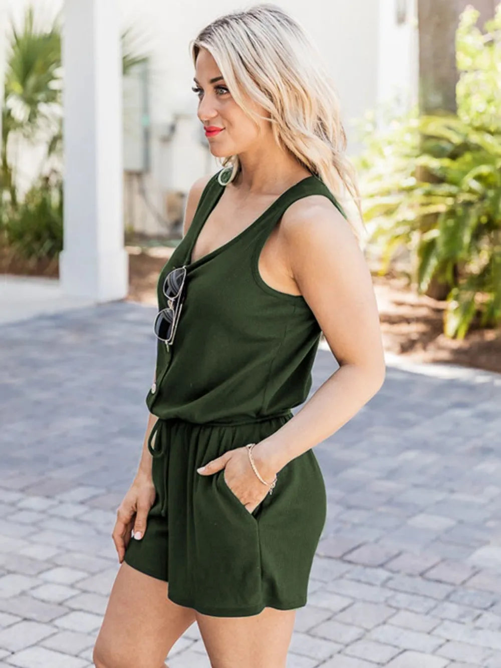 Neck Wide Strap Romper with Pockets