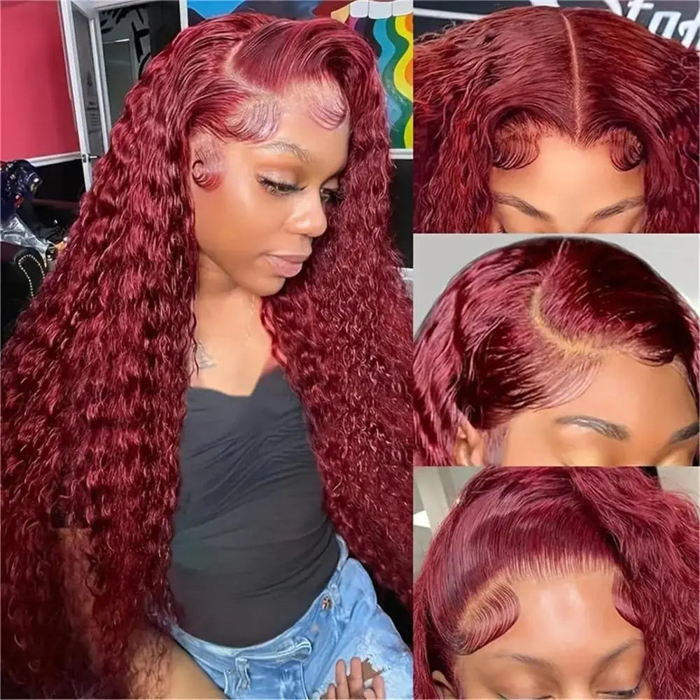 Fuduete 99J Burgundy Deep Wave13x6 Lace Front Wigs Human Hair 200% Density Lace Front Wigs Human Hair Pre Plucked 99j Burgundy Deep Curly Wave HD Lace Front Wigs for Women (18 inch)