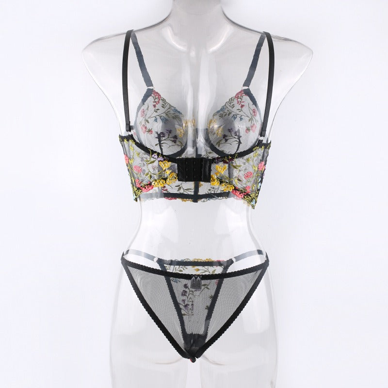 New Black Floral Embroidery with Fishbone Steel Ring Vest Sling Bra Pants Funny Underwear Set
