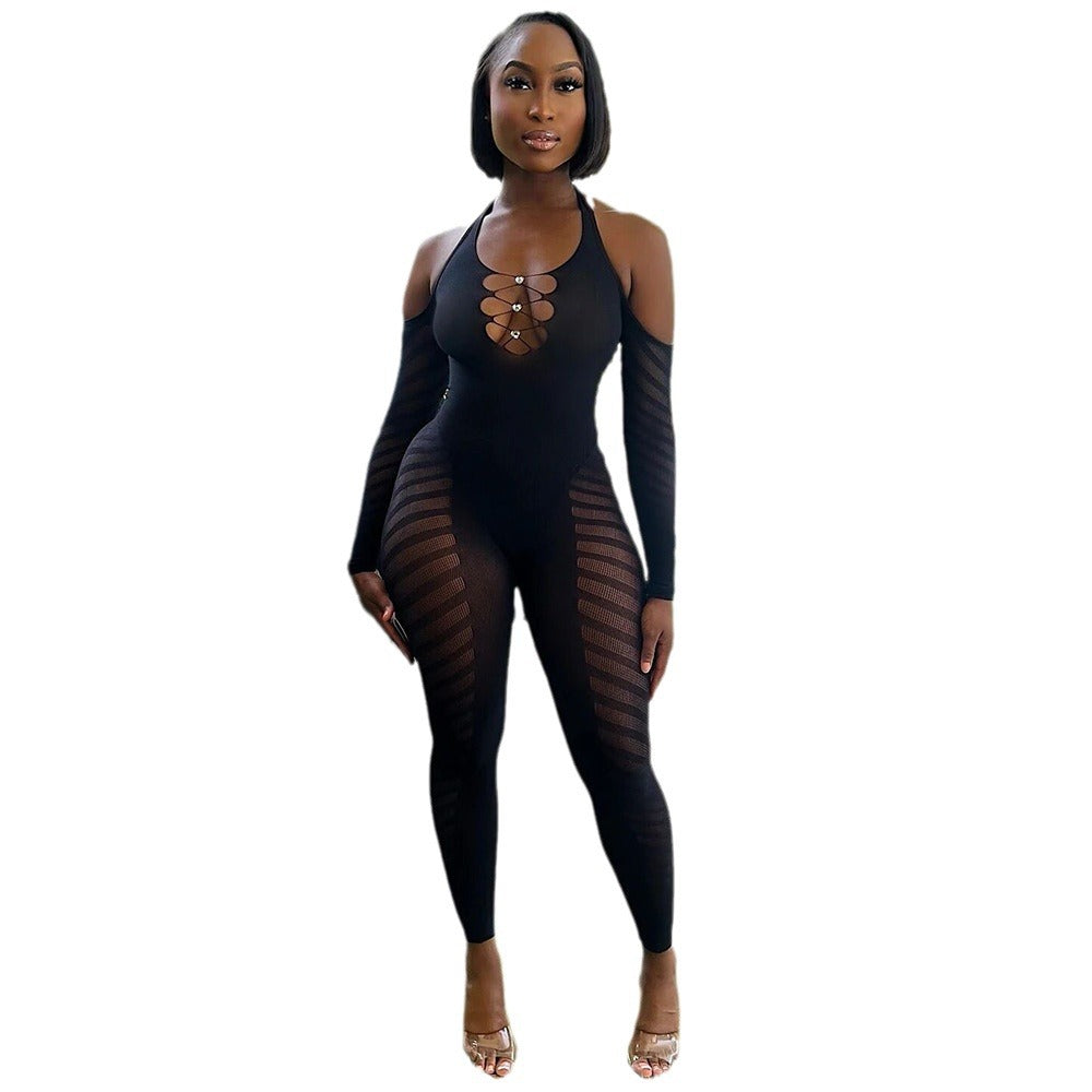 Female solid color hanging neck sleeveless hollow perspective backless sexy tight jumpsuit