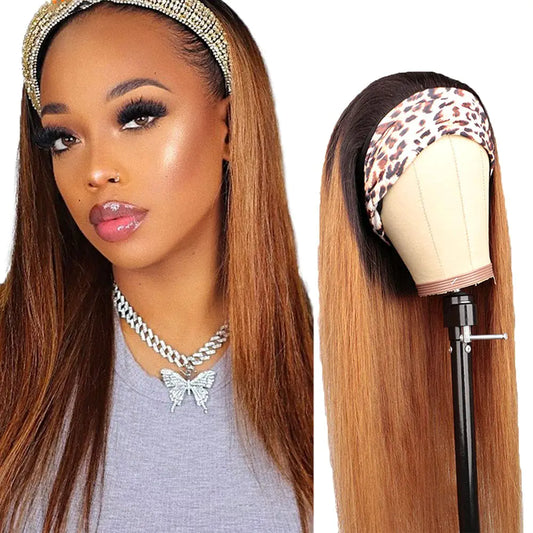 YiweYowe 1B30 Ombre Headband Wig Human Hair Straight Medium Auburn Wigs Ombre Brown Headband Wig with Dark Roots Non Lace Front Wigs 150% Density Human Hair Wigs 28 Inch
