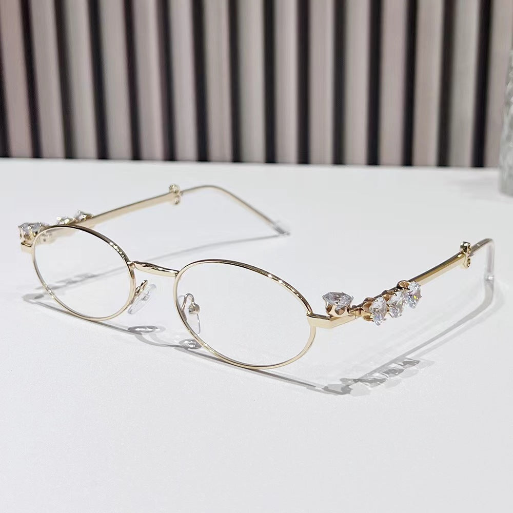Metal inlaid diamond oval frame glasses resin anti blue light glasses rhinestone sunglasses