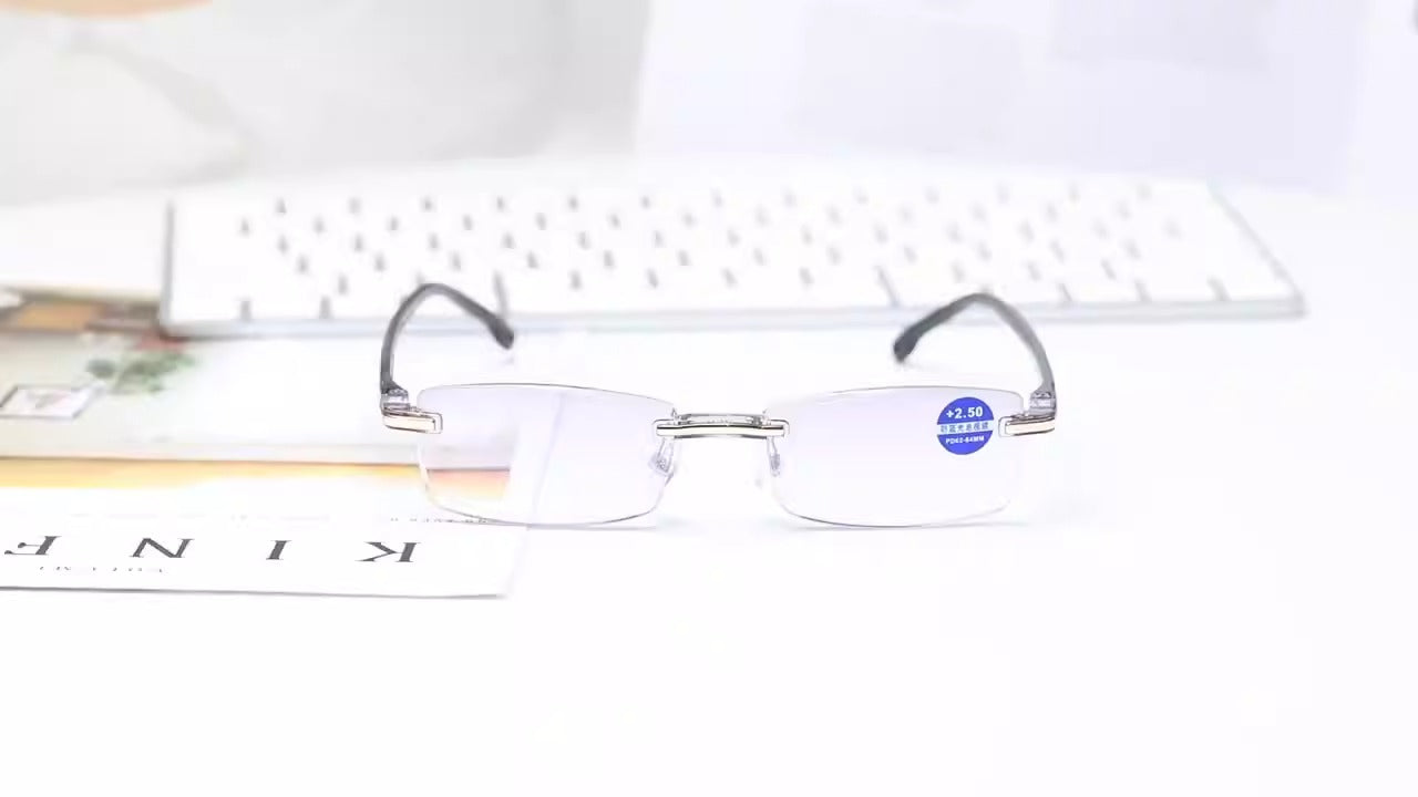 New frameless diamond trimmed reading glasses with anti blue light and blue film integrated men's reading glasses metal